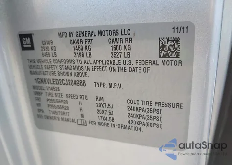 2012 Chevrolet Traverse Ltz z USA, uszkodzony, nr VIN 1GNKVLED2CJ204988